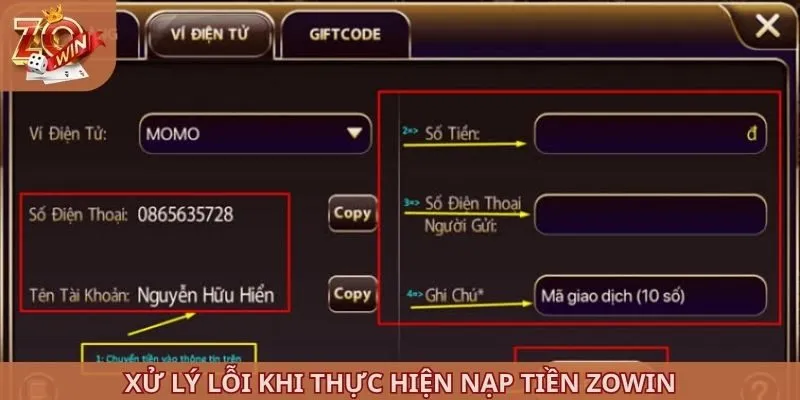 Xử lý lỗi khi thực hiện nạp tiền ZOWIN